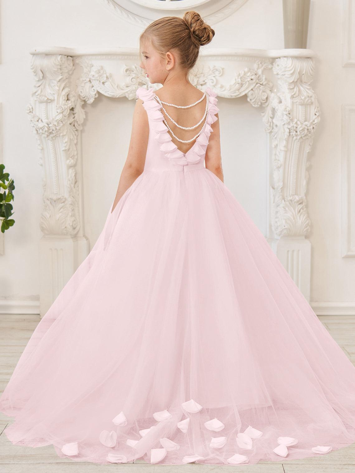 Elegante vestido de niña de las flores de tul blanco con cola larga 