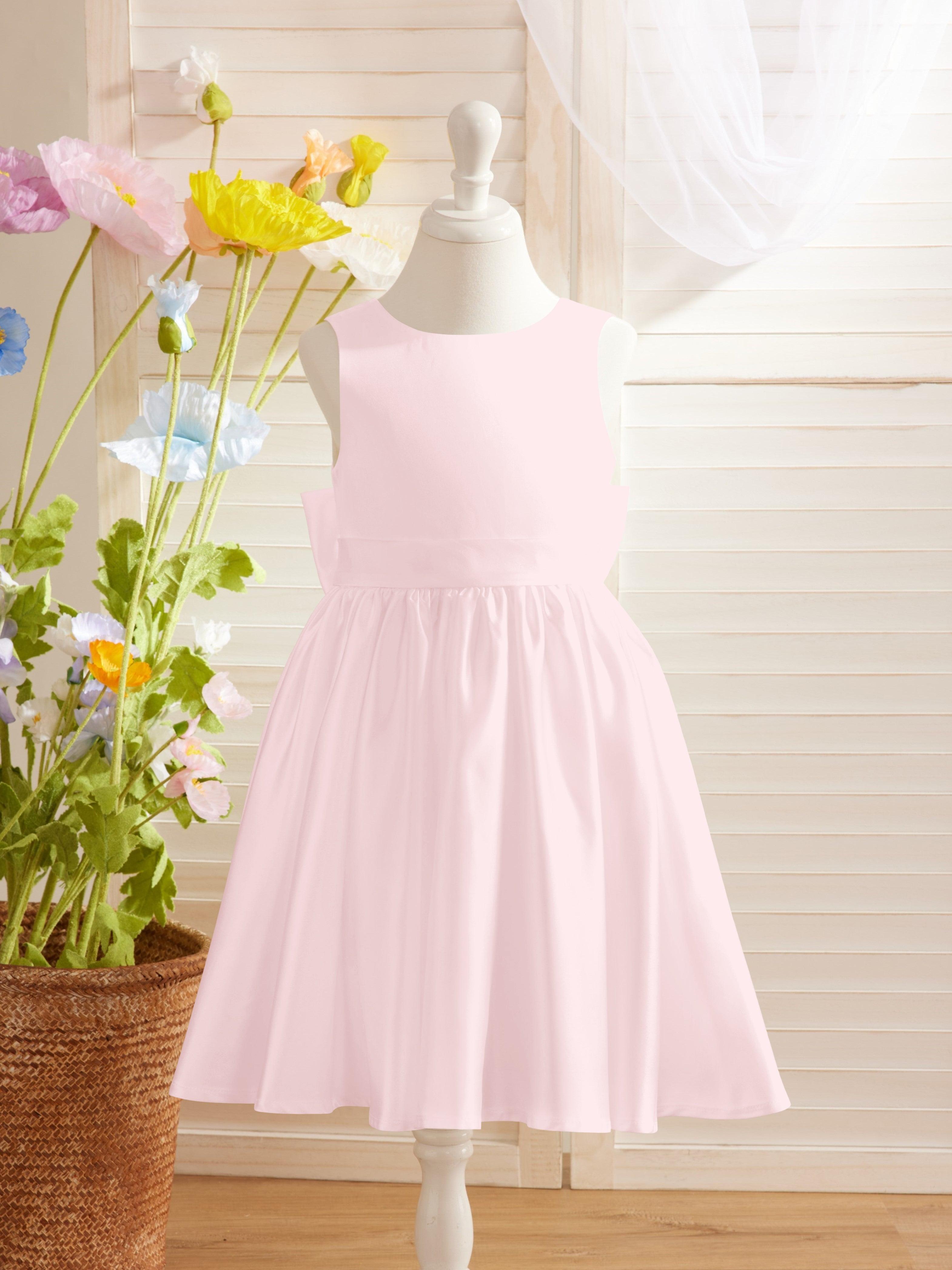 Elegantes A-Linien-Satin-Kleid mit V-Rücken und Schleife, knielang, Blumenmädchenkleid