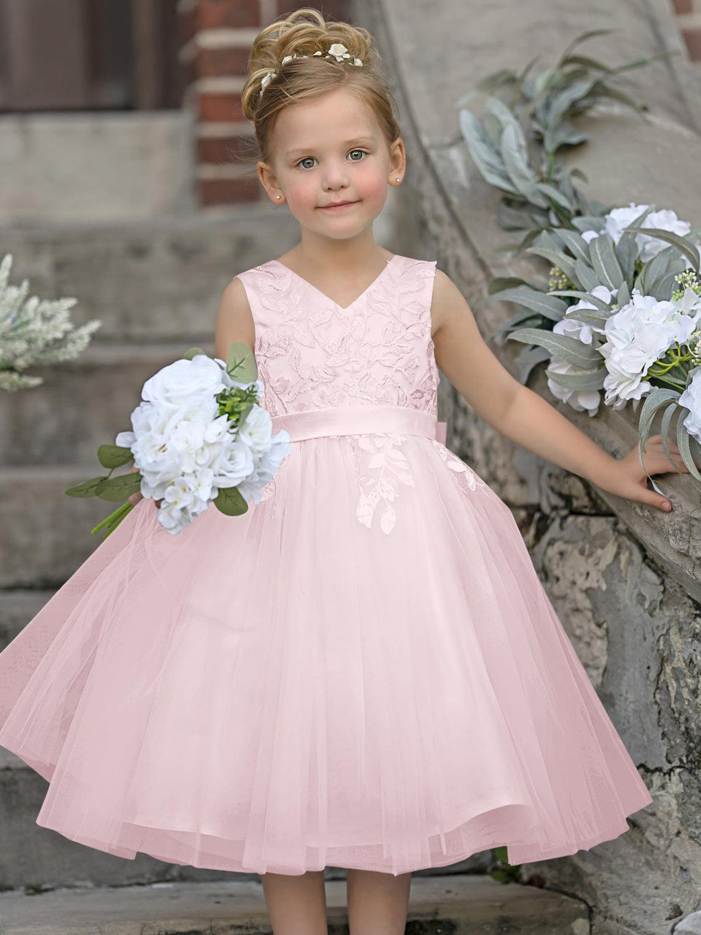 Vestido de niña de las flores sin mangas con encaje de tul hasta la rodilla 