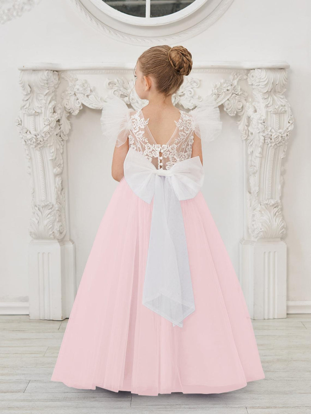 Vestido de niña de las flores con cola larga y tul con encaje desmontable 