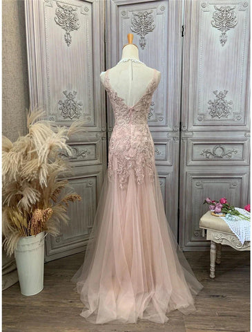 Meerjungfrau/Trompete Ballkleider Maxikleid Partykleidung Hochzeitsfeier Sweep/Pinselzug Ärmellos V-Ausschnitt Tüll mit Applikationen