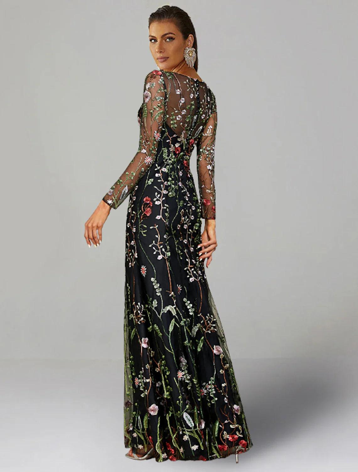 Sheath / Column Wedding Guest Dresses Floral Dress Semi Formal Garden Party Floor Length Long Sleeve Jewel Neck Fall Wedding Guest Tulle with Sheath / Column Wedding Guest Dresses Floral Dress Semi Formal Garden Party Floor Length Long Sleeve Jewel Neck Fall Wedding Guest Tulle with