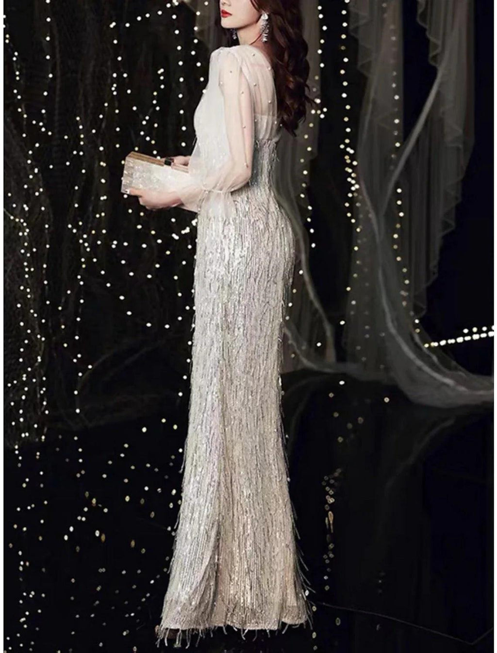 Meerjungfrau/Trompete Kleid für die Brautmutter, Hochzeitsgast, Party, Sparkle &amp; Shine, Petite, V-Ausschnitt, bodenlang, Tüll, Pailletten, 3/4-Ärmel mit Federperlen