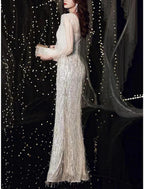 Meerjungfrau/Trompete Kleid für die Brautmutter, Hochzeitsgast, Party, Sparkle &amp; Shine, Petite, V-Ausschnitt, bodenlang, Tüll, Pailletten, 3/4-Ärmel mit Federperlen