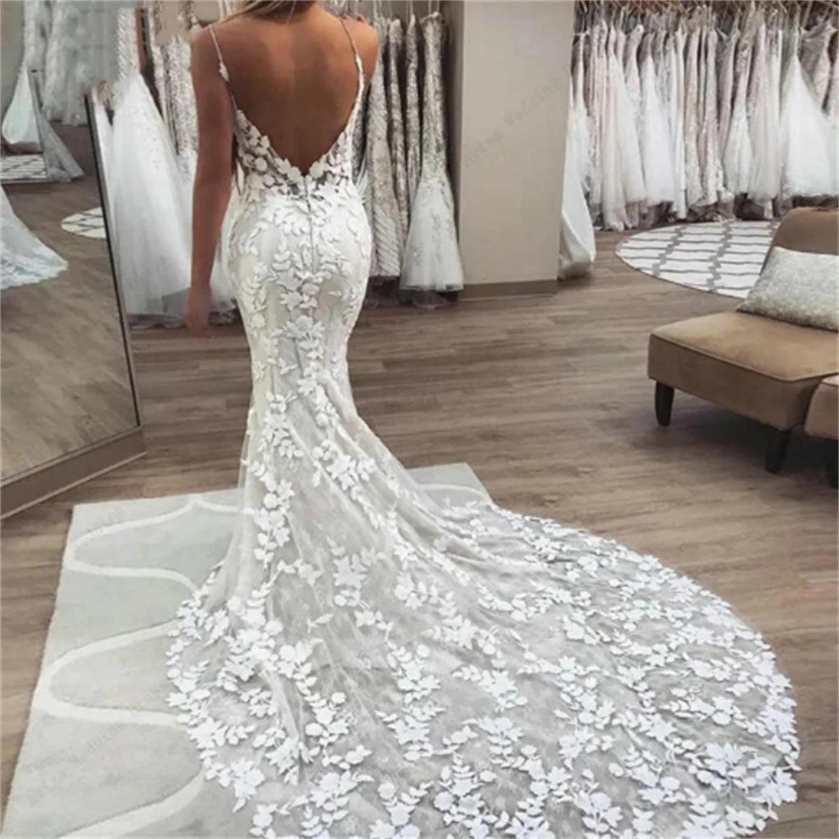NumberSea - Boho Lace Appliques Wedding Dress Mermaid Bridal Dresses 2024 Spaghetti Straps Backless Beach Bridal Gowns Vestido De Noiva