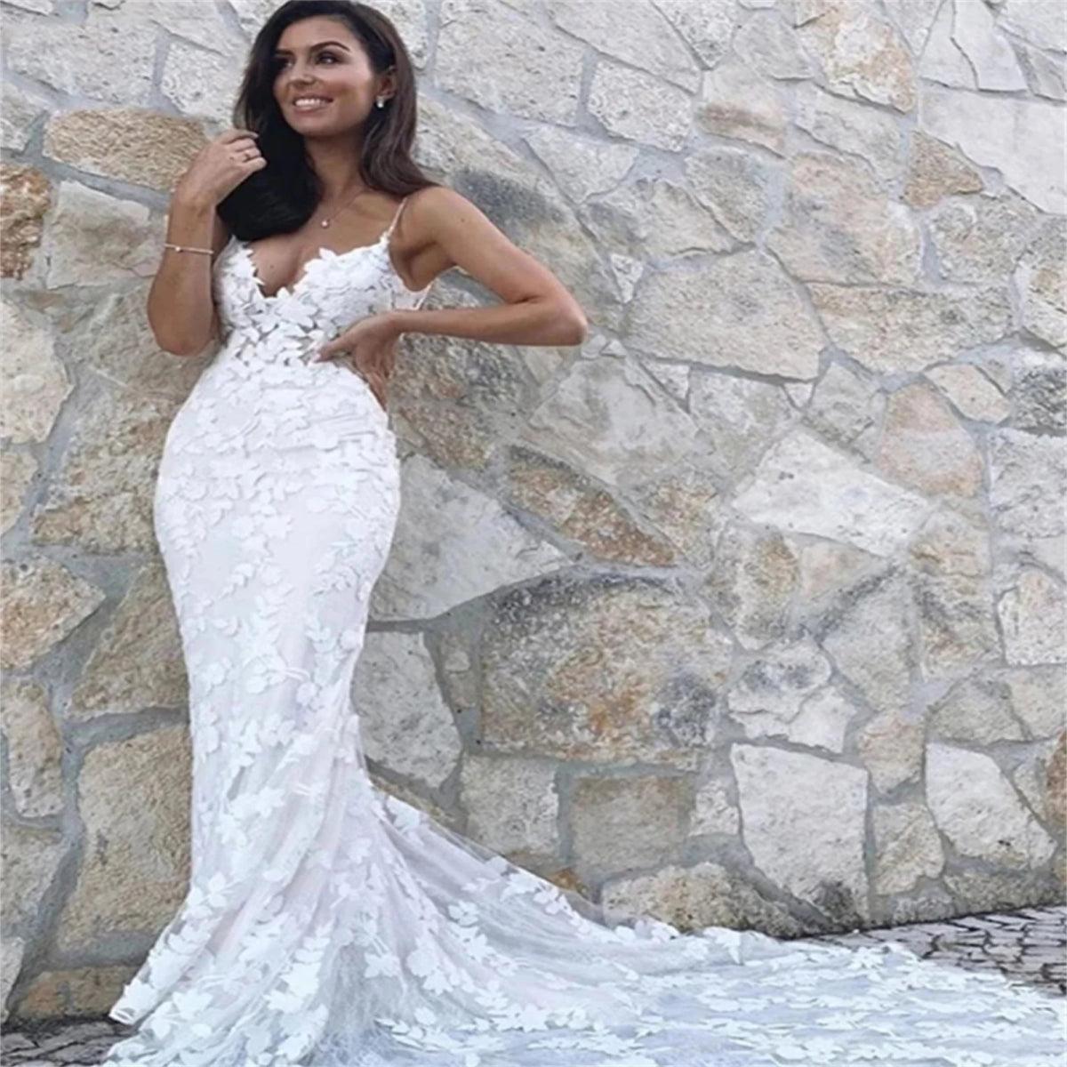 NumberSea - Boho Lace Appliques Wedding Dress Mermaid Bridal Dresses 2024 Spaghetti Straps Backless Beach Bridal Gowns Vestido De Noiva