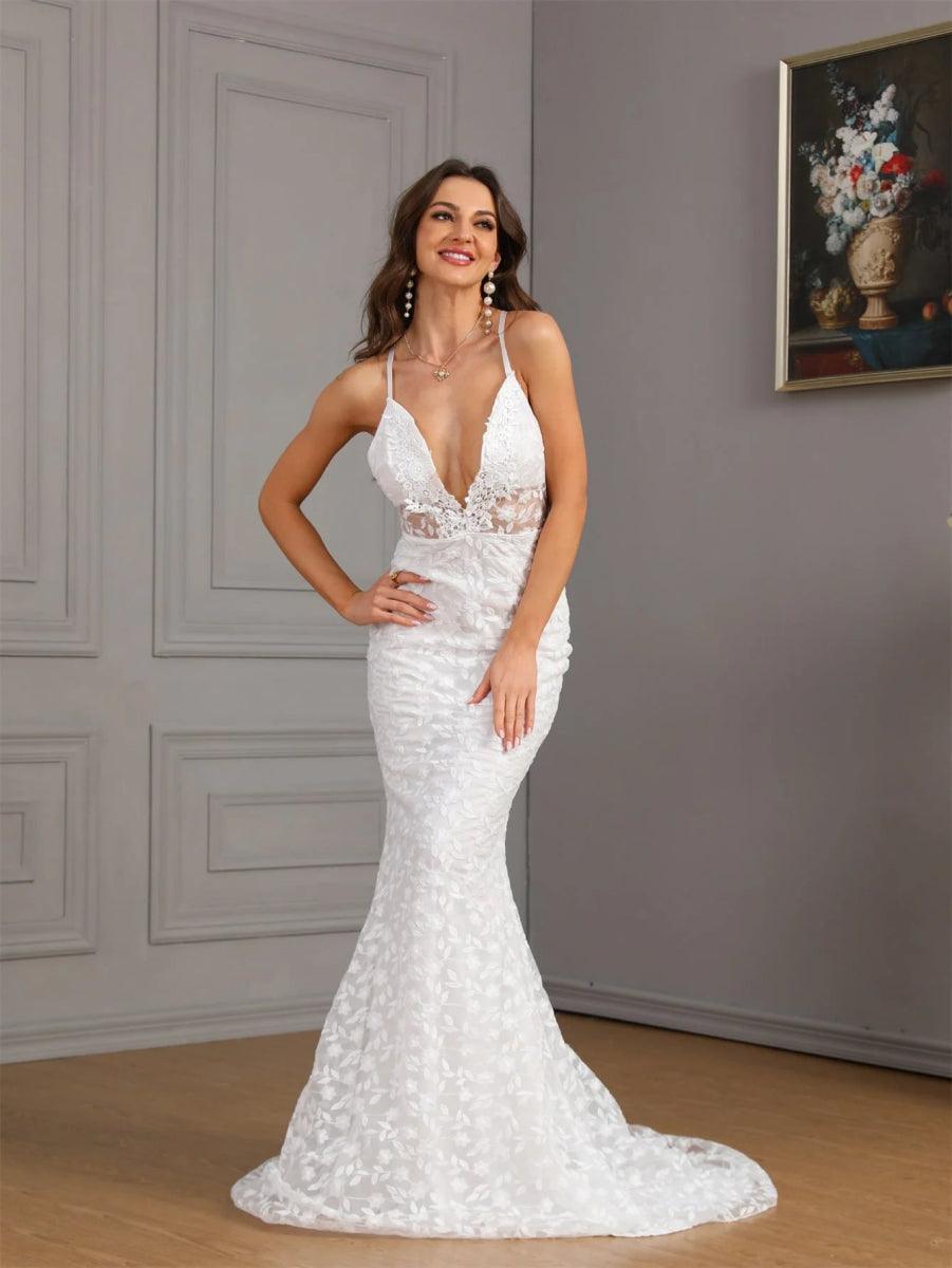 NumberSea - Boho Lace Appliques Wedding Dress Mermaid Bridal Dresses 2024 Spaghetti Straps Backless Beach Bridal Gowns Vestido De Noiva