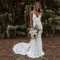 NumberSea - Boho Mermaid V Neck Spaghetti Straps Wedding Dress Court Train Wedding Gown Lace Backless Dress For Women vestidos de novia