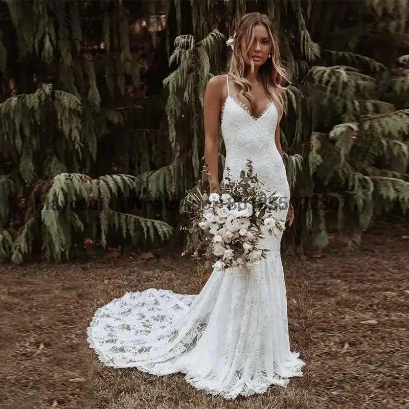 NumberSea - Boho Mermaid V Neck Spaghetti Straps Wedding Dress Court Train Wedding Gown Lace Backless Dress For Women vestidos de novia