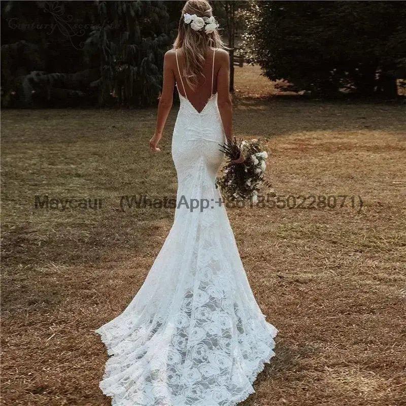 NumberSea - Boho Mermaid V Neck Spaghetti Straps Wedding Dress Court Train Wedding Gown Lace Backless Dress For Women vestidos de novia
