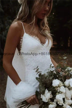 NumberSea - Boho Mermaid V Neck Spaghetti Straps Wedding Dress Court Train Wedding Gown Lace Backless Dress For Women vestidos de novia
