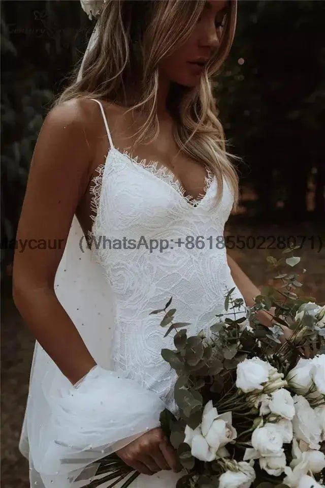 NumberSea - Boho Mermaid V Neck Spaghetti Straps Wedding Dress Court Train Wedding Gown Lace Backless Dress For Women vestidos de novia