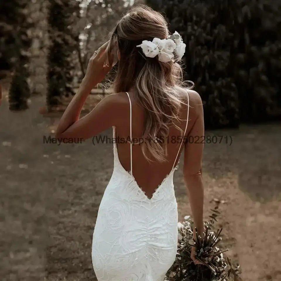 NumberSea - Boho Mermaid V Neck Spaghetti Straps Wedding Dress Court Train Wedding Gown Lace Backless Dress For Women vestidos de novia