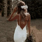 NumberSea - Boho Mermaid V Neck Spaghetti Straps Wedding Dress Court Train Wedding Gown Lace Backless Dress For Women vestidos de novia