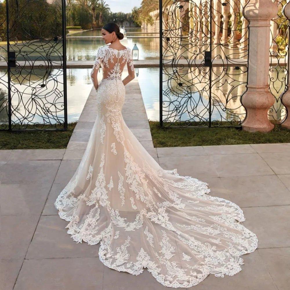 NumberSea - Boho Sheer O - neck Mermaid Wedding Dress Classic Lace Appliques Long Sleeves Elegant Bridal Gown Robe De Mariée