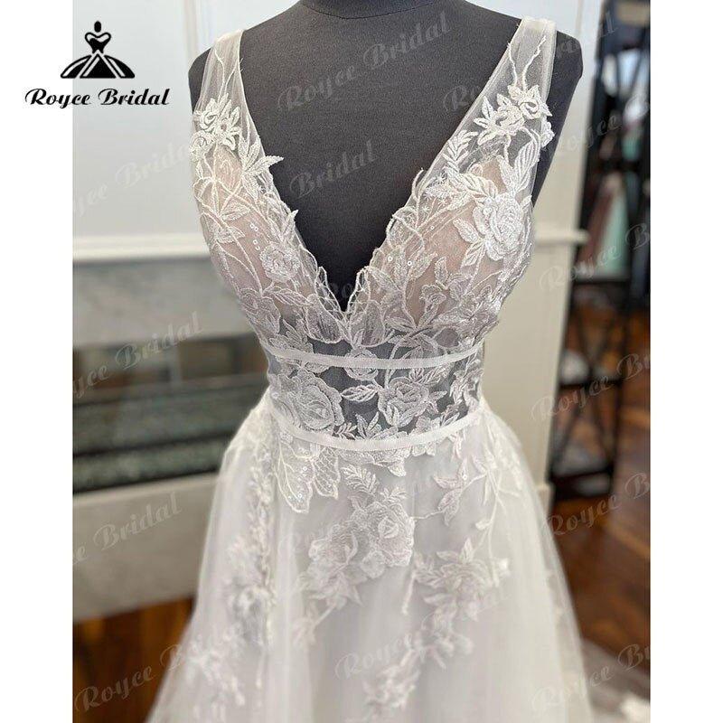 NumberSea - Boho V Neck Lace Floral Wedding Dress A Line Backless Sweep Train 2025 Vintage Women Beach Robe De Mariage Bride Wedding Gowns
