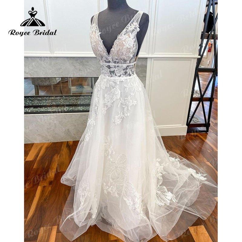 NumberSea - Boho V Neck Lace Floral Wedding Dress A Line Backless Sweep Train 2025 Vintage Women Beach Robe De Mariage Bride Wedding Gowns