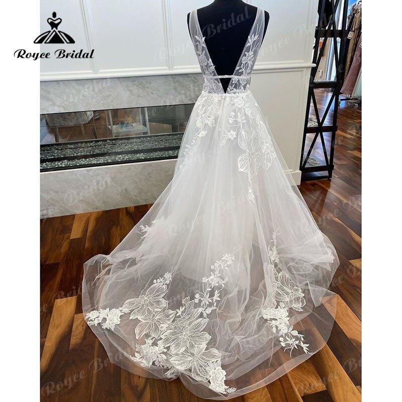 NumberSea - Boho V Neck Lace Floral Wedding Dress A Line Backless Sweep Train 2025 Vintage Women Beach Robe De Mariage Bride Wedding Gowns