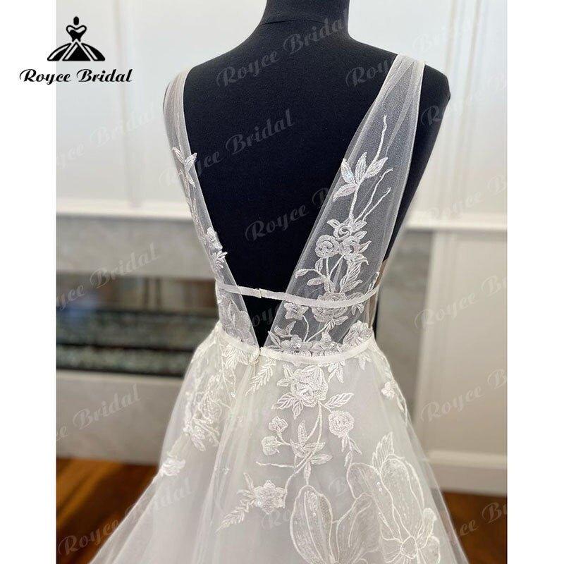 NumberSea - Boho V Neck Lace Floral Wedding Dress A Line Backless Sweep Train 2025 Vintage Women Beach Robe De Mariage Bride Wedding Gowns