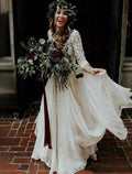 NumberSea - Boho Wedding Dresses Ball Gown V Neck 3/4 Length Sleeve Sweep / Brush Train Chiffon Bridal Suits Bridal Gowns With Pleats