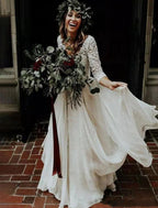 NumberSea - Boho Wedding Dresses Ball Gown V Neck 3/4 Length Sleeve Sweep / Brush Train Chiffon Bridal Suits Bridal Gowns With Pleats