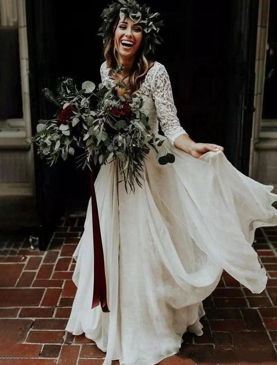 NumberSea - Boho Wedding Dresses Ball Gown V Neck 3/4 Length Sleeve Sweep / Brush Train Chiffon Bridal Suits Bridal Gowns With Pleats