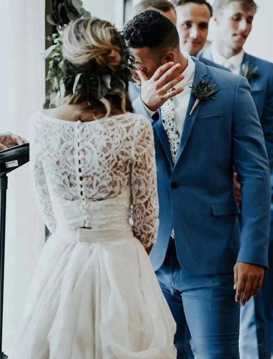 NumberSea - Boho Wedding Dresses Ball Gown V Neck 3/4 Length Sleeve Sweep / Brush Train Chiffon Bridal Suits Bridal Gowns With Pleats