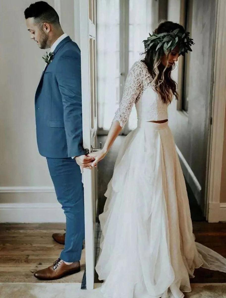 NumberSea - Boho Wedding Dresses Ball Gown V Neck 3/4 Length Sleeve Sweep / Brush Train Chiffon Bridal Suits Bridal Gowns With Pleats