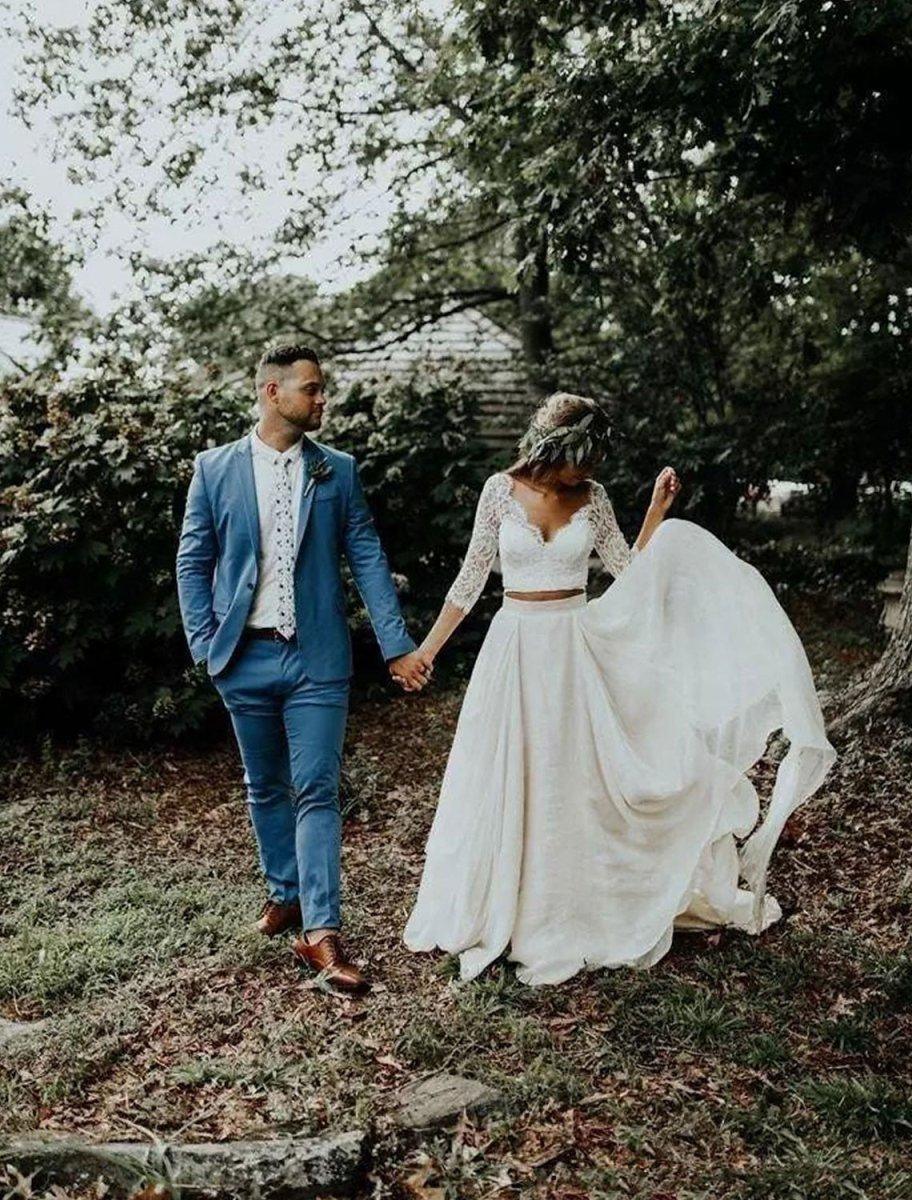 NumberSea - Boho Wedding Dresses Ball Gown V Neck 3/4 Length Sleeve Sweep / Brush Train Chiffon Bridal Suits Bridal Gowns With Pleats