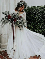 NumberSea - Boho Wedding Dresses Ball Gown V Neck 3/4 Length Sleeve Sweep / Brush Train Chiffon Bridal Suits Bridal Gowns With Pleats
