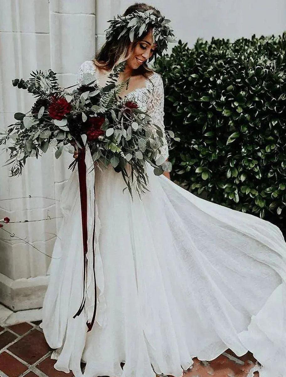 NumberSea - Boho Wedding Dresses Ball Gown V Neck 3/4 Length Sleeve Sweep / Brush Train Chiffon Bridal Suits Bridal Gowns With Pleats