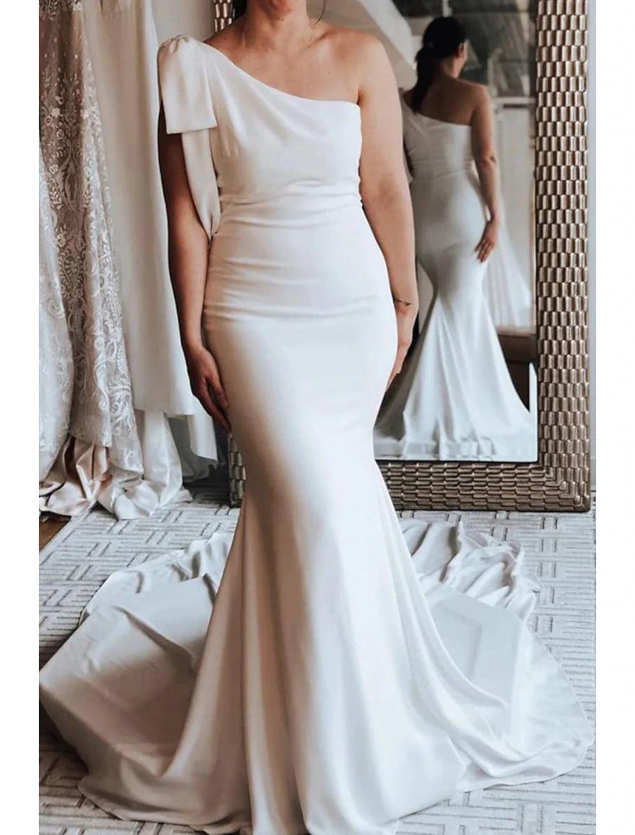 NumberSea - Boho Wedding Dresses Mermaid One Shoulder Sleeveless Court Train Stretch Fabric Bridal Gowns With Bow(s)