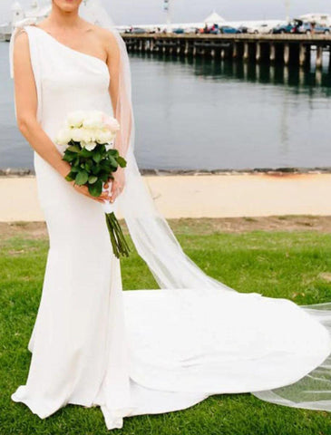 NumberSea - Boho Wedding Dresses Mermaid One Shoulder Sleeveless Court Train Stretch Fabric Bridal Gowns With Bow(s)
