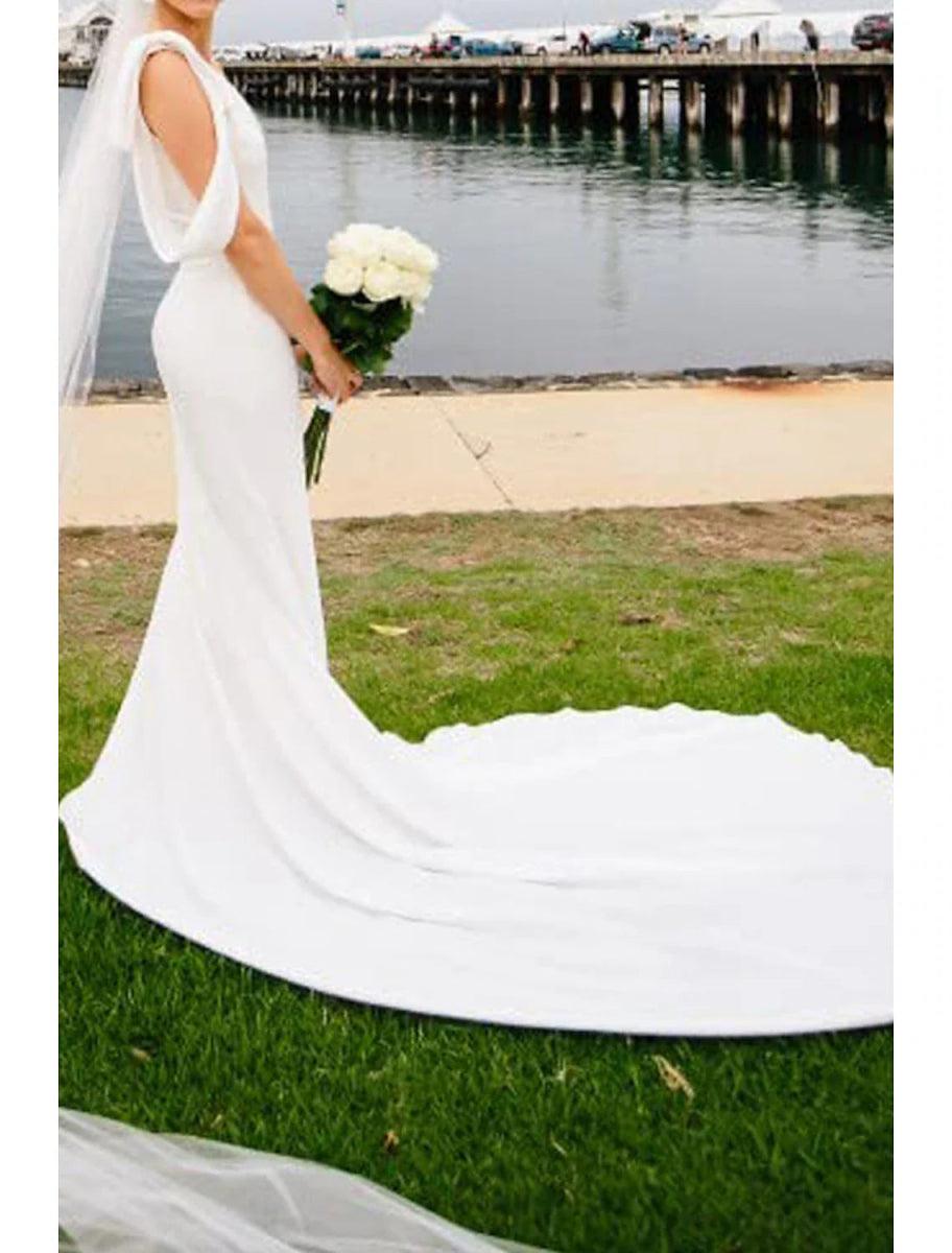 NumberSea - Boho Wedding Dresses Mermaid One Shoulder Sleeveless Court Train Stretch Fabric Bridal Gowns With Bow(s)