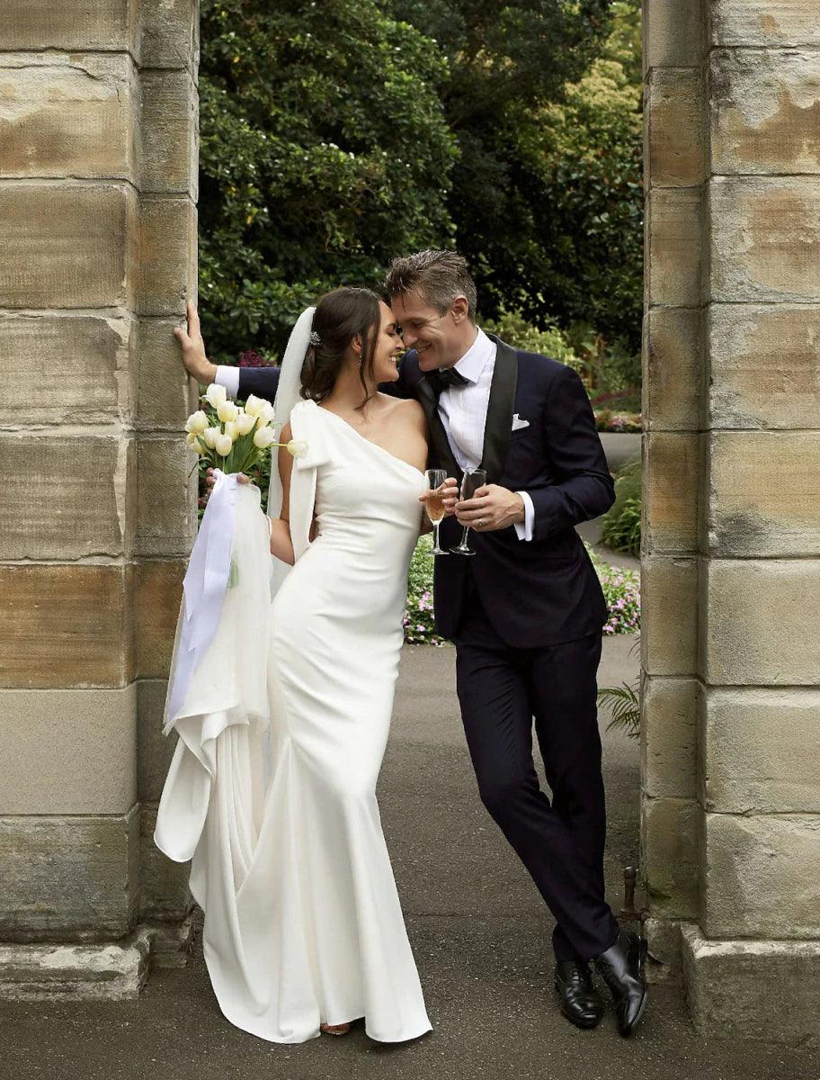 NumberSea - Boho Wedding Dresses Mermaid One Shoulder Sleeveless Court Train Stretch Fabric Bridal Gowns With Bow(s)