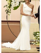 NumberSea - Boho Wedding Dresses Mermaid One Shoulder Sleeveless Court Train Stretch Fabric Bridal Gowns With Bow(s)
