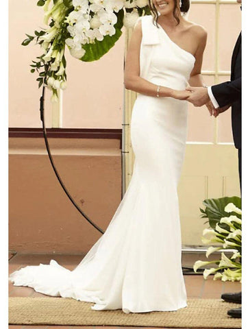 NumberSea - Boho Wedding Dresses Mermaid One Shoulder Sleeveless Court Train Stretch Fabric Bridal Gowns With Bow(s)