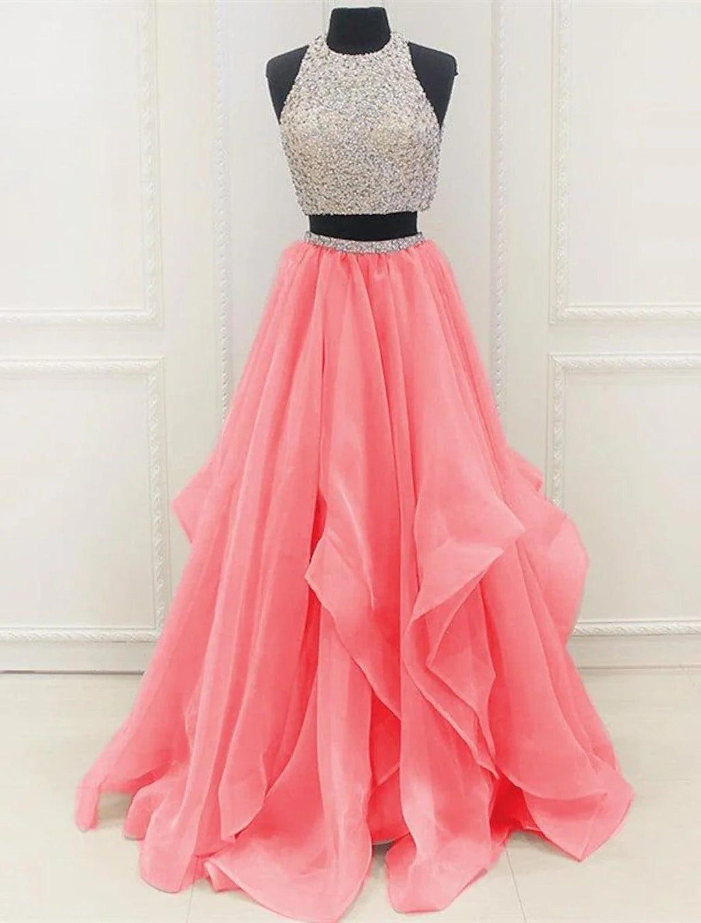 Vestido de fiesta de dos piezas con brillo y pedrería, largo hasta el suelo, sin mangas, cuello halter, organza con lentejuelas