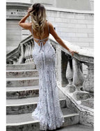 Vestidos de fiesta de sirena/trompeta con brillo y brillo, vestido formal con cola larga/cepillo, sin mangas, escote en V, encaje con lentejuelas