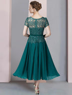 Zweiteiliges A-Linien-Kleid für die Mutter der Braut, formelle Hochzeitsgäste, eleganter V-Ausschnitt, wadenlanges Chiffon-Spitzenkleid mit kurzen Ärmeln und Pailletten-Applikationen