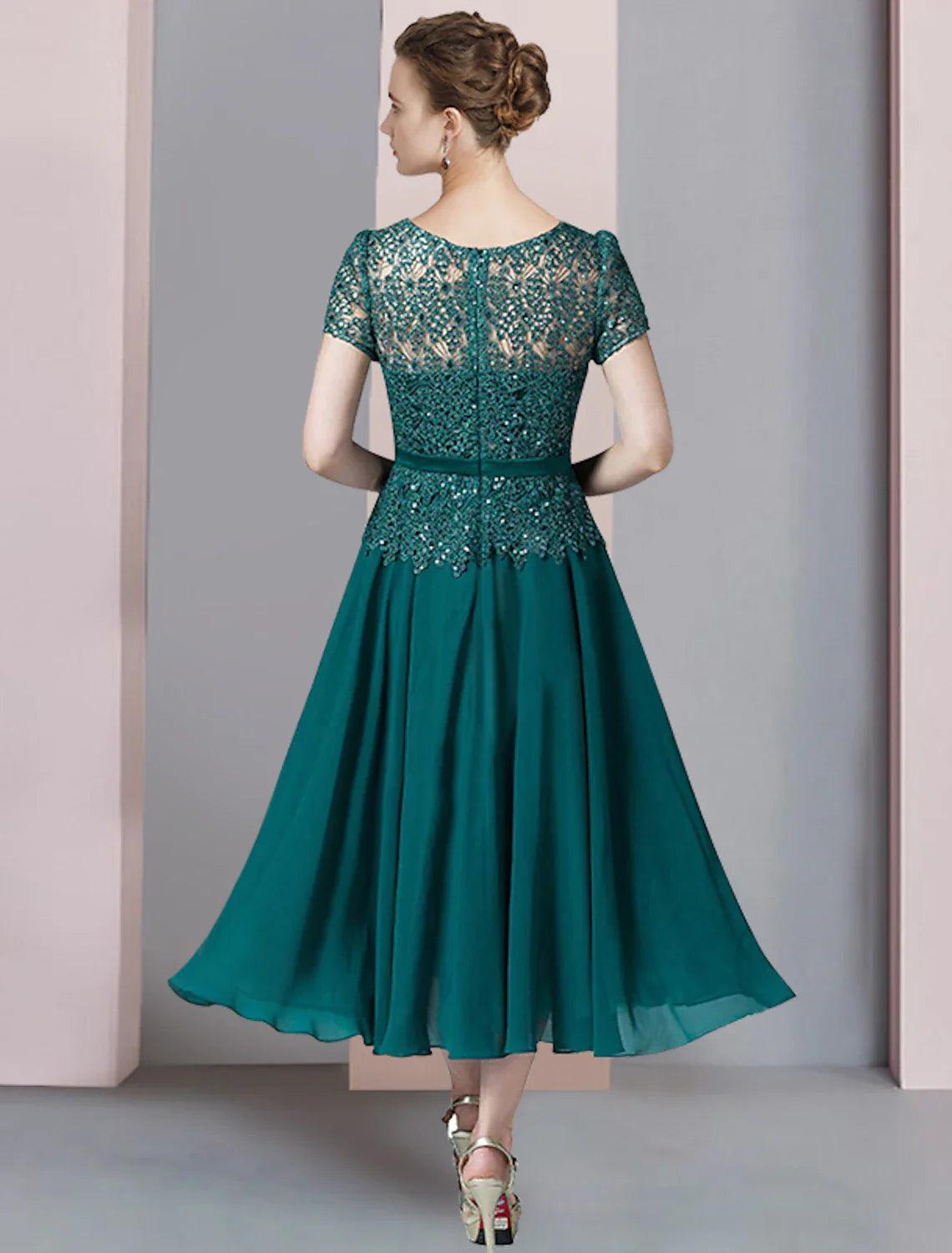 Zweiteiliges A-Linien-Kleid für die Mutter der Braut, formelle Hochzeitsgäste, eleganter V-Ausschnitt, wadenlanges Chiffon-Spitzenkleid mit kurzen Ärmeln und Pailletten-Applikationen