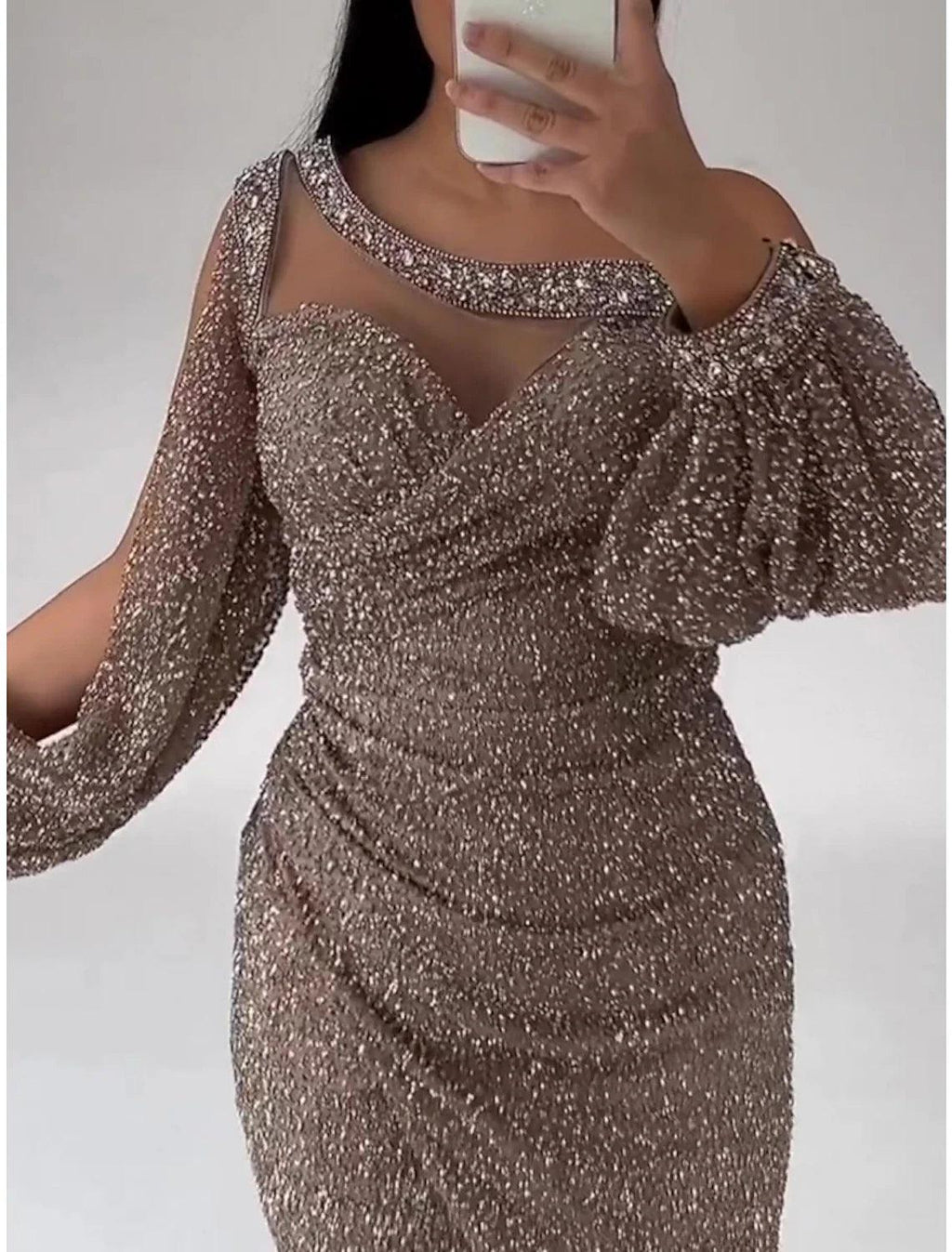 Meerjungfrauenkleid, Abendkleid, Weihnachten, Rot, Grün, Formales Kleid, Sweep/Pinselzug, Langarm, Rundhalsausschnitt, Pailletten mit Glitzer, gerüschtem Schlitz