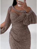 Meerjungfrauenkleid, Abendkleid, Weihnachten, Rot, Grün, Formales Kleid, Sweep/Pinselzug, Langarm, Rundhalsausschnitt, Pailletten mit Glitzer, gerüschtem Schlitz