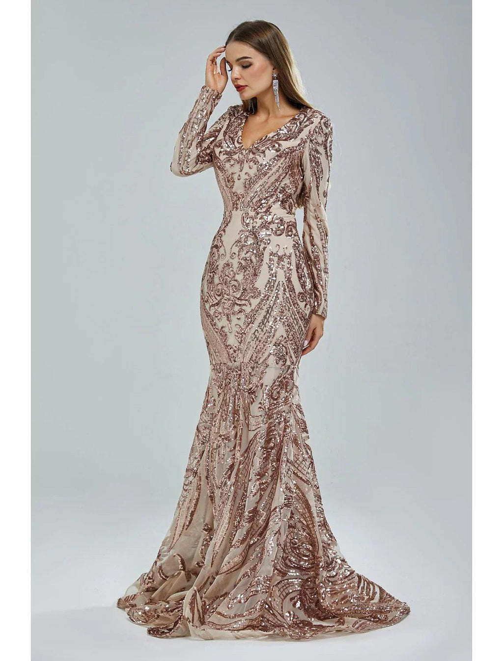Meerjungfrau/Trompete Abendkleid Sparkle &amp; Shine Kleid Karneval Formell Hofschleppe Langarm V-Ausschnitt Afroamerikaner Spitze mit Pailletten
