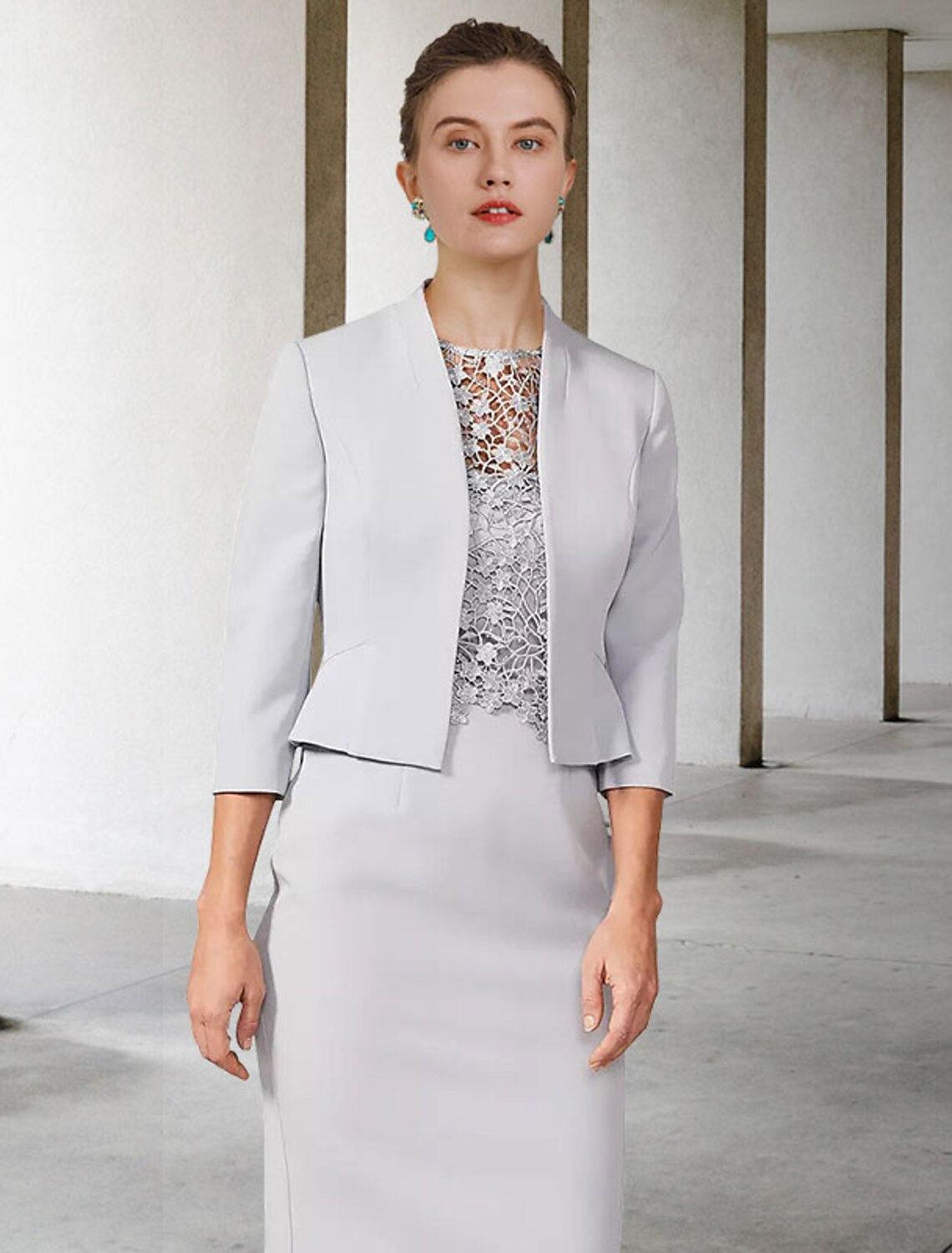 Zweiteiliges Etuikleid/Säulenkleid für die Brautmutter, elegantes Kirchenkleid mit Rundhalsausschnitt, knielang, Chiffon, Spitze, kurze Ärmel, kurze Jacke, Kleider mit Applikationen