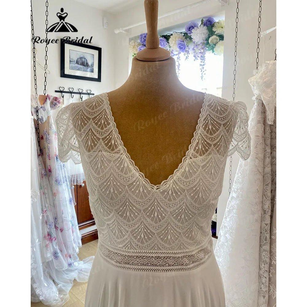 NumberSea - Brautkleid Bohemian Lace Bodice Chiffon V Neck Wedding Gown for Bride 2024 Boho Wedding Dress with Short Sleeve suknia slubna