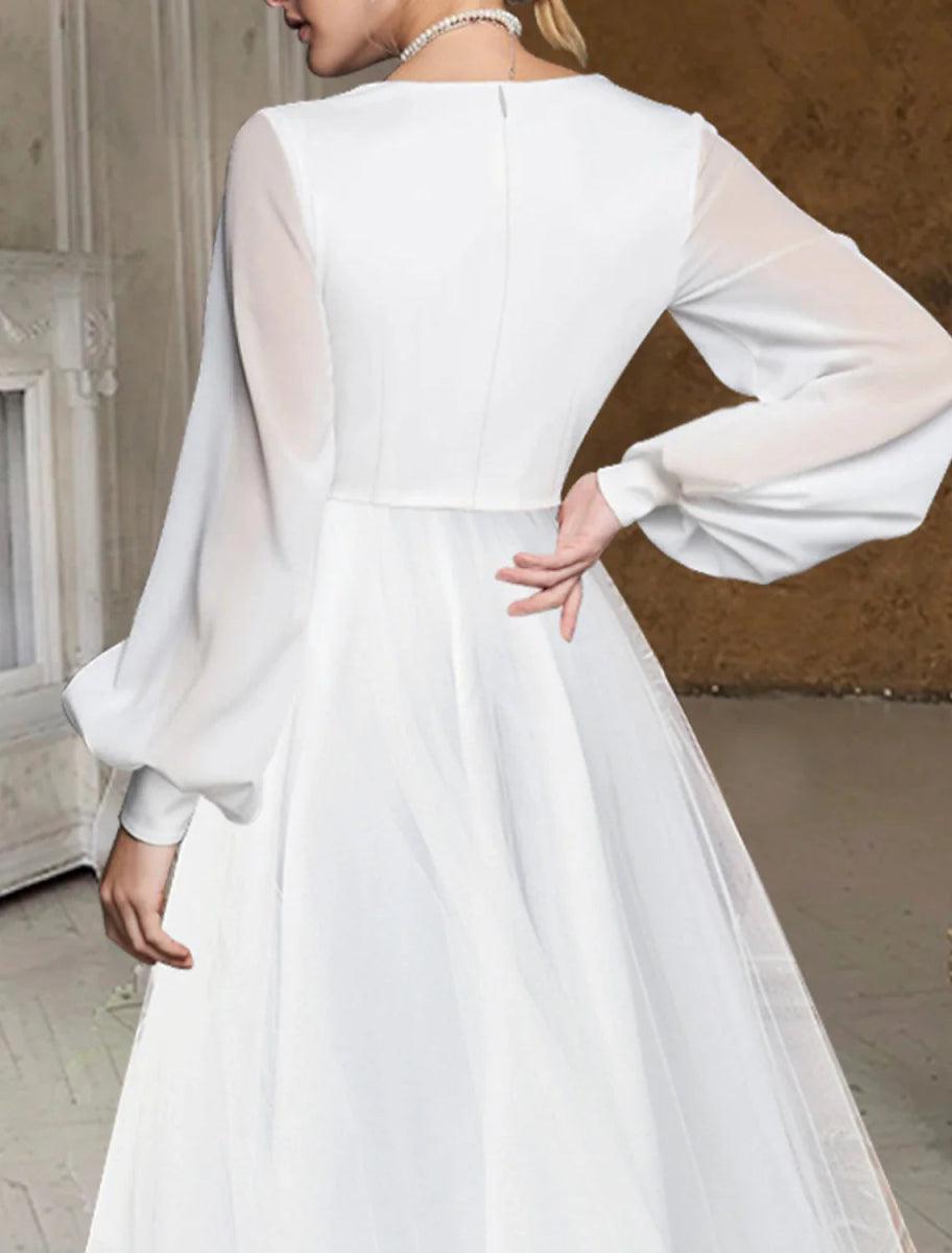 NumberSea - Bridal Shower Fall Wedding Dresses Little White Dresses Casual A - Line V Neck Long Sleeve Asymmetrical Chiffon Bridal Gowns With Solid Color Summer Wedding Party