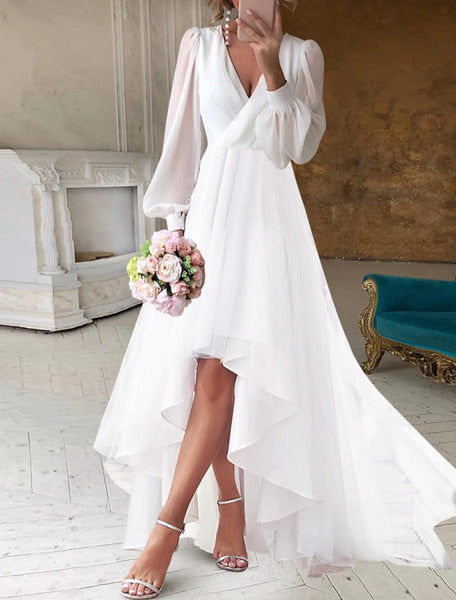 NumberSea-Bridal Shower Fall Wedding Dresses Little White Dresses Casual A-Line V Neck Long Sleeve Asymmetrical Chiffon Bridal Gowns With Solid Color