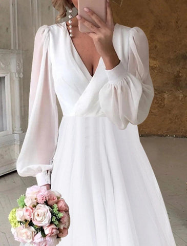 NumberSea - Bridal Shower Fall Wedding Dresses Little White Dresses Casual A - Line V Neck Long Sleeve Asymmetrical Chiffon Bridal Gowns With Solid Color Summer Wedding Party