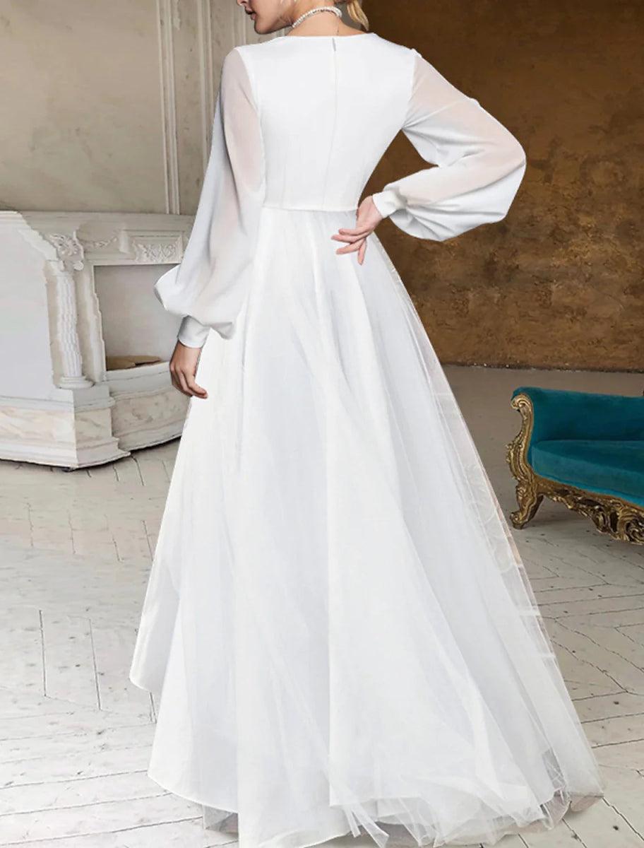 NumberSea-Bridal Shower Fall Wedding Dresses Little White Dresses Casual A-Line V Neck Long Sleeve Asymmetrical Chiffon Bridal Gowns With Solid Color Summer Wedding Party